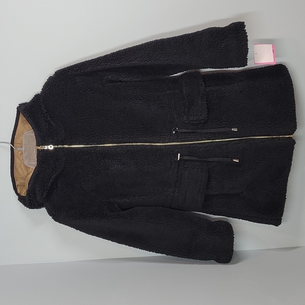 Kate Spade Reversible Black Sherpa Teddy Jacket Cinch Waist Coat XS x- small